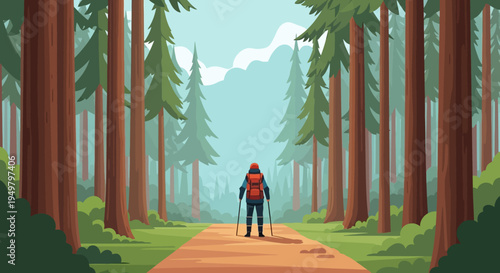Hiker Walking on Forest Path, Backpacking Adventure in Nature