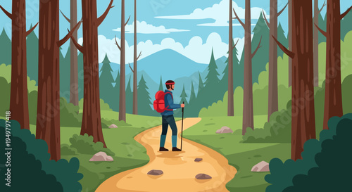 Hiker with backpack and poles on a forest trail, mountains and sky in background