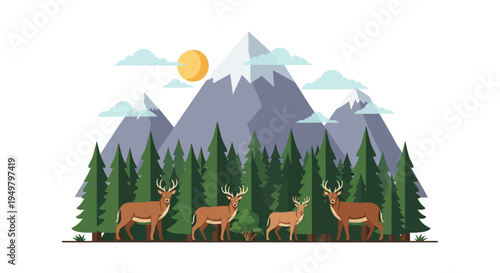 Herd of Deer in a Forested Mountain Landscape with Sun and Clouds