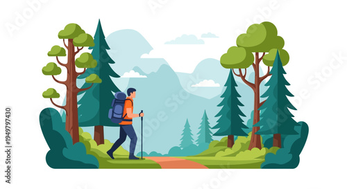 Hiker Backpacking Through Forest Landscape with Mountains