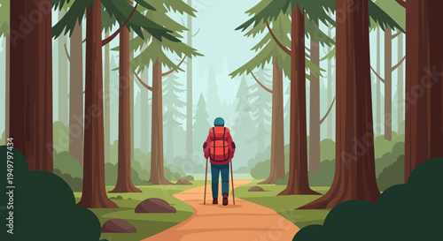 Hiker with Backpack Walking on Forest Path, Adventure and Nature Exploration