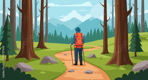 Hiker with backpack and poles on forest trail, mountains background, flat illustration