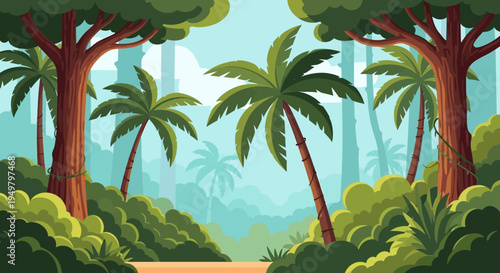 Lush jungle forest with palm trees and dense foliage, pixel art style