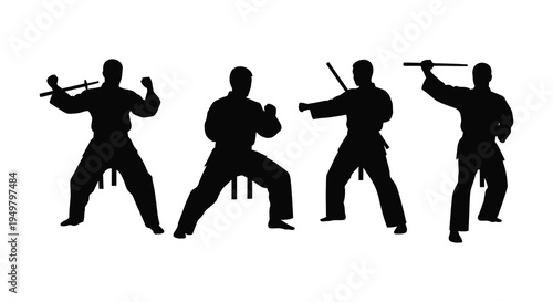 Four martial artists practice kendo and karate stances depicted in a striking black silhouette high quality