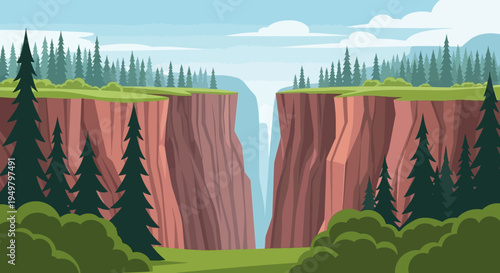 Majestic Canyon Landscape with Waterfall and Pine Trees