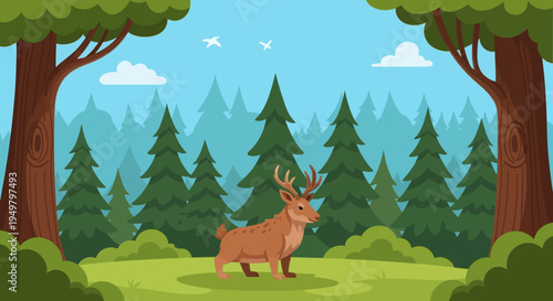 Majestic Deer Standing In Lush Forest Clearing, Woodland Wildlife