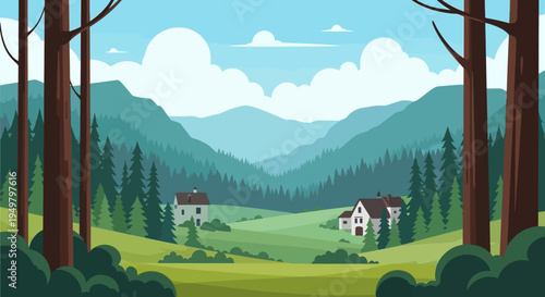 Peaceful Valley Landscape with Houses and Forest - Flat Design