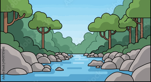 Pixel Art Forest River Landscape with Trees and Rocks