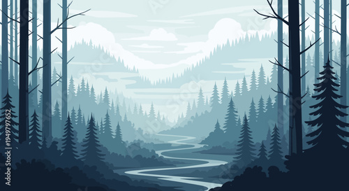 Pixel Art Forest Landscape with Winding River and Mountains