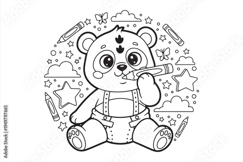 A cute teddy bear with a peaceful expression sitting amidst celestial objects