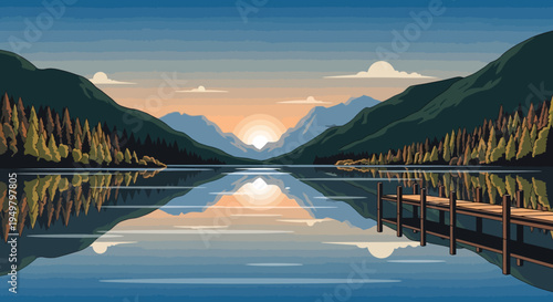 Pixel Art Sunrise Over Mountain Lake with Dock