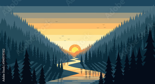 Pixel art sunrise over winding river valley with pine forest