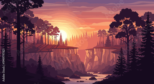Pixel art sunset over a forest canyon with river and dramatic sky