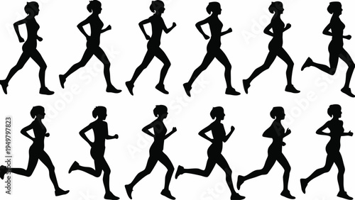 A set of black silhouettes of women running in various poses on a white background