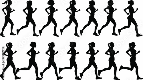 A set of black silhouettes of women running in various poses on a white background silhouette