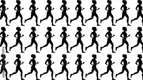 A seamless pattern of black silhouettes of people running on a white background