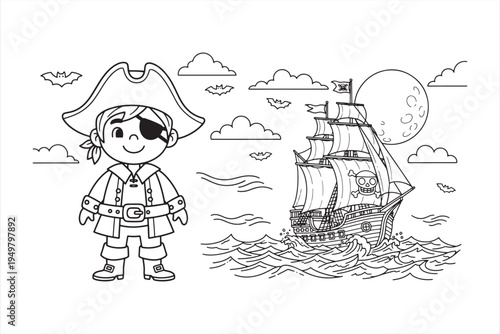 Pirate boy standing beside a sailing ship on a sunny day