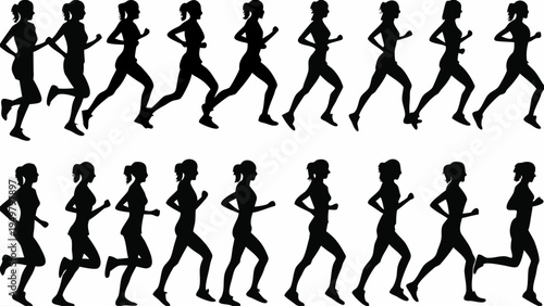 A set of black silhouettes of women running in different poses on a white background