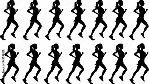 A set of black silhouettes of women running in various poses on a white background
