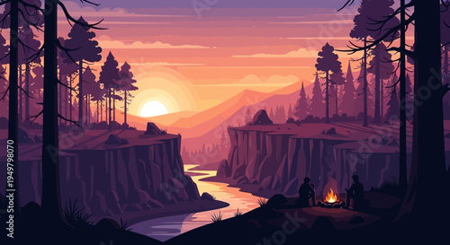 Pixel Art Sunset Over Canyon River with Campfire and Silhouettes