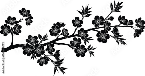 Cherry blossom flowering branch silhouette vector illustration design graphic, botanical nature renewal art concept, black and white decorative creative collection