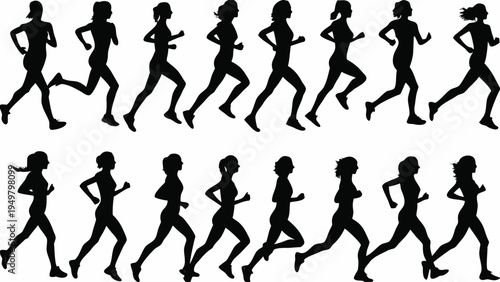 A set of black silhouettes of women running in different poses on a white background