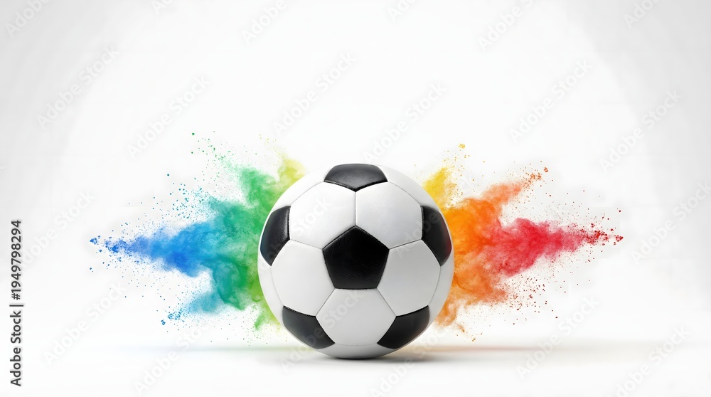Fototapeta premium Soccer ball with colorful rainbow powder explosion on bright background. Dynamic football celebration concept for sports posters and tournament promotion.