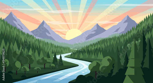 Scenic Mountain Landscape with River and Forest at Sunrise