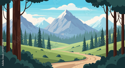 Scenic mountain landscape with winding road and green forest, serene nature illustration