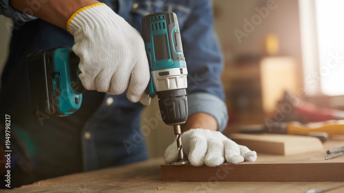 Hands using power drill to bore hole in wood project