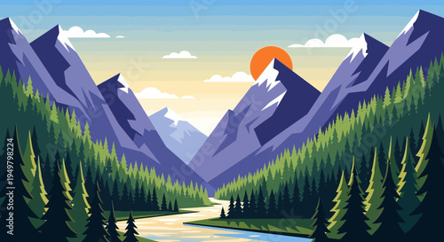 Scenic mountain valley with river and forest at sunrise, flat design vector illustration