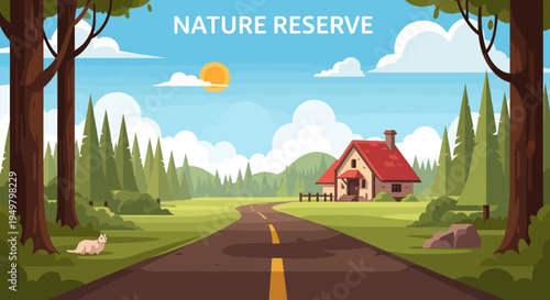 Scenic Nature Reserve Landscape with House, Road, and Forest