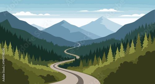 Scenic mountain road winding through pine forest and blue hills