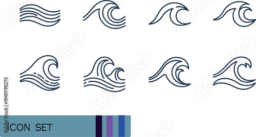 Print Minimalist Ocean Wave Icon Set Featuring Abstract Sea Water Ripples Fluid Flow Lines and Maritime Nature Symbols for Summer Surf and Coastal Branding