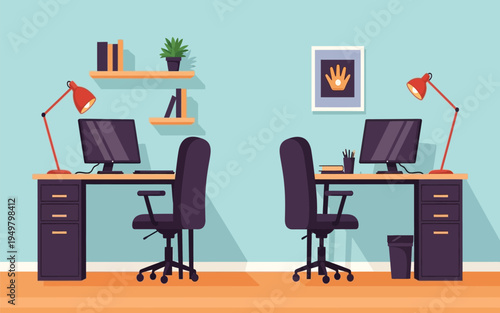 Two Office Desks with Chairs and Computers.