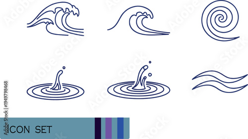 Print Minimalist Ocean Wave and Water Element Icon Set Featuring Tidal Swells Spirals and Droplet Ripples for Marine Nature and Coastal Design