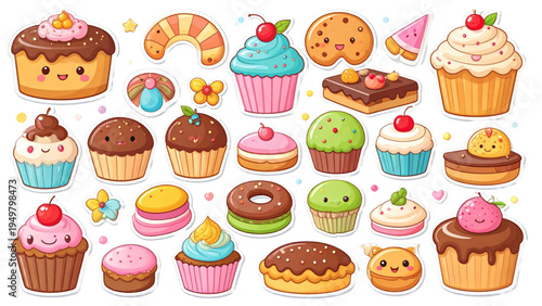 Delicious cute dessert sticker set featuring cupcake donut pudding macaroons cookie cake and tart with smiley faces, sweet food kawaii collection vector