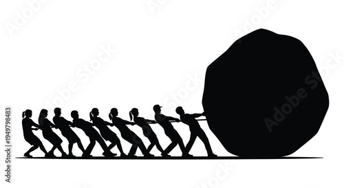 A team of people collaboratively pushing a large boulder forward displaying unified effort silhouette high quality