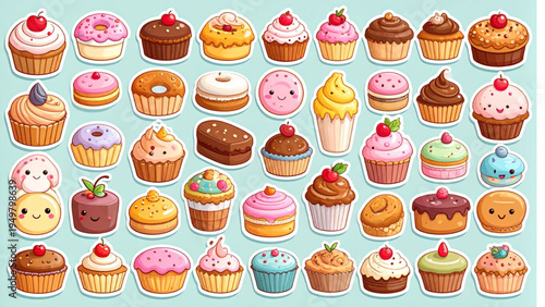 Delicious cute dessert sticker set featuring cupcake donut pudding macaroons cookie cake and tart with smiley faces, sweet food kawaii collection vector