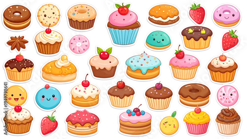 Delicious cute dessert sticker set featuring cupcake donut pudding macaroons cookie cake and tart with smiley faces, sweet food kawaii collection vector