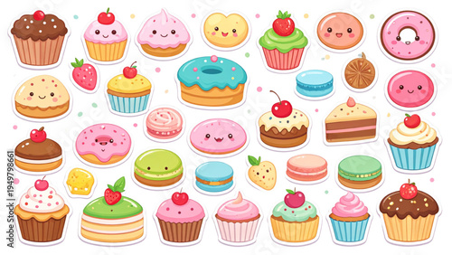 Delicious cute dessert sticker set featuring cupcake donut pudding macaroons cookie cake and tart with smiley faces, sweet food kawaii collection vector