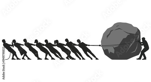 A determined team collaboratively pulls a large imposing boulder in a striking silhouette high quality professional