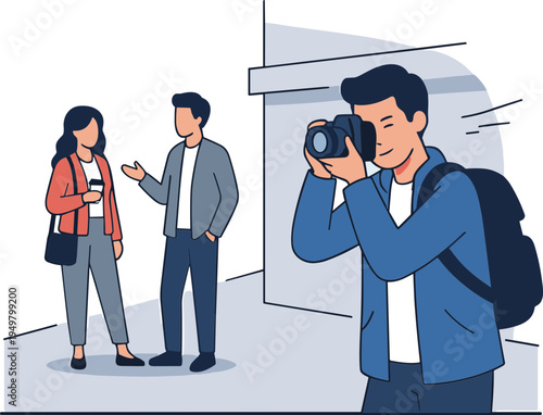 A photographer takes pictures of a woman and a man talking outside a building.