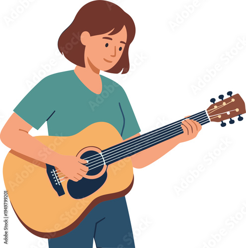 A woman plays an acoustic guitar while standing indoors with focused expression.