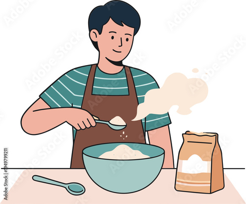 Man in apron pouring powder into bowl on table indoors