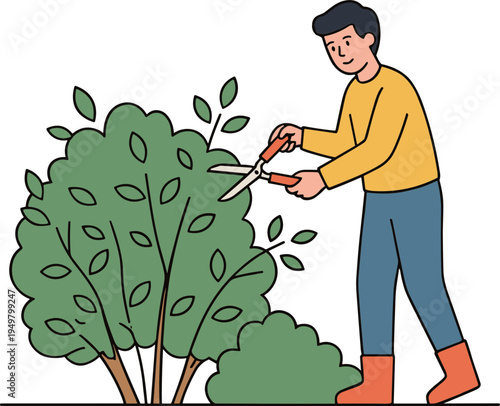 Man trimming green bush with large scissors outdoors in garden