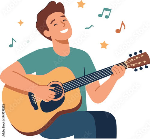 A man enthusiastically playing guitar and singing with musical notes around him