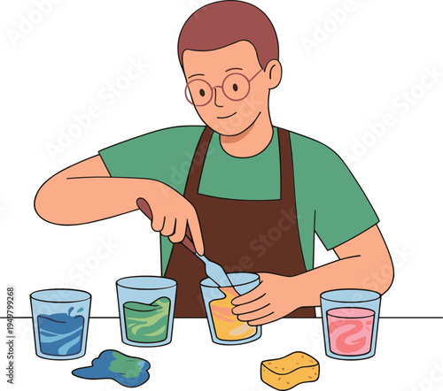 Man mixing colorful liquids in glasses with a spoon at a table.
