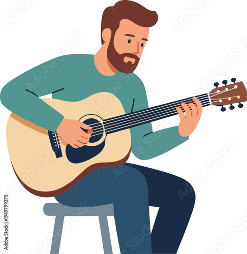 A man sitting on a stool playing an acoustic guitar skillfully indoors.