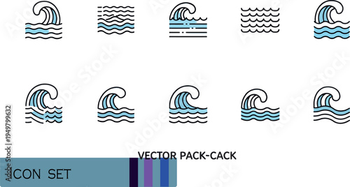 Print Minimalist Ocean Wave and Sea Tide Icon Set Featuring Dynamic Blue Crests Linear Water Ripples and Maritime Surface Patterns for Summer Coastal Design